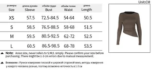 Detailed size chart for long sleeve slim fit top with asymmetric hem measurements