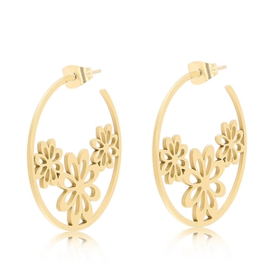 Golden stainless steel hoop earrings with delicate floral patterns on a white background