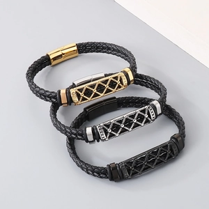 Close-up of double-layer braided leather bracelets with hollow grid magnetic clasps