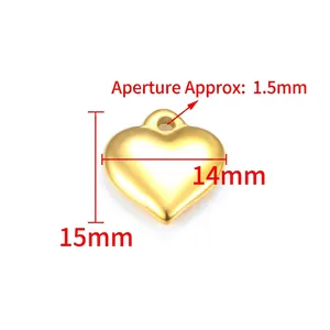 Polished gold heart charm pendant dimensions showing 15mm height and 14mm width