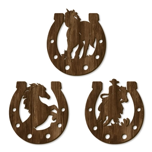 Set di 3 decorazioni murali a ferro di cavallo in legno con sagome di cowboy e cavallo