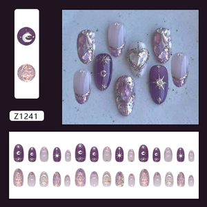 3D crystal heart and star moon press-on nails in purple cat eye and glitter style