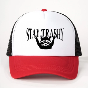 Retro Stay Trashy raccoon trucker hat with red brim and black mesh back panel
