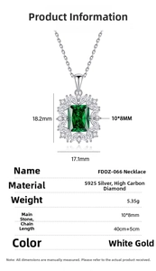 Macro view of S925 silver necklace with 10x8mm emerald cut sea blue stone and dimensions