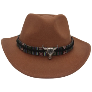 Brown Western cowboy hat with colorful ethnic band and silver bull skull ornament