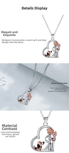 Detail of heart pendant with rose gold flower and girl with dog motif and zircon inlay
