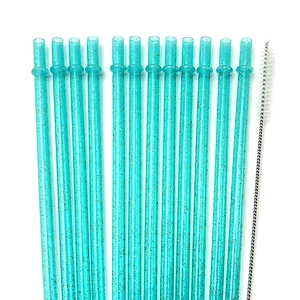Set of 12 teal glitter reusable plastic straws with ring and cleaning brush accessory