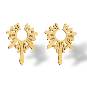 Irregular geometric sunburst earrings in gold finish with sparkling crystal embellishments