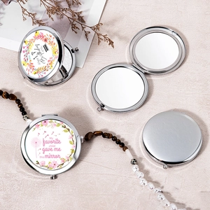 Round chrome folding makeup mirrors with floral patterns and engraved blessing quotes