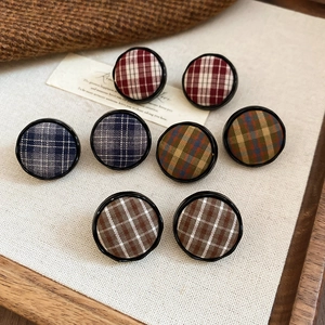 Vintage Round Plaid Fabric Stud Earrings With 925 Sterling Silver Earring Post British Style Tartan Jewelry For Women