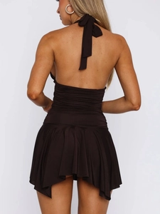 Dark brown halter neck backless mini dress with elegant waist ruching and asymmetrical hem