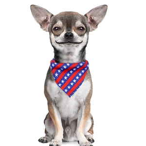 Close-up of patriotic American flag style dog bandana featuring red and blue stripes with stars
