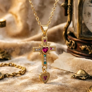 Vintage gold cross pendant necklace with heart ruby and colorful zircon stones