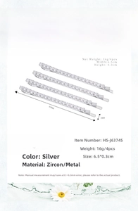 Detail view showing dimensions and white zircon inlay of four silver metal hair clips