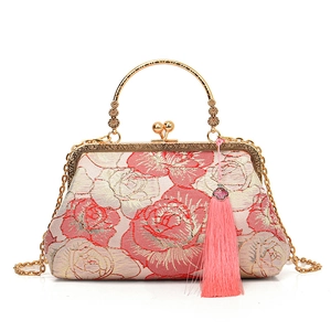 Pink peony embroidery shell clutch bag with gold ring handle and tassel chain strap
