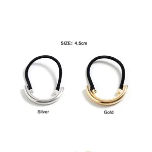 Minimalist elastic hair ties with 4.5cm brushed metal cuffs in gold and silver finish