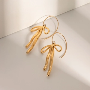 Polished 18K gold-plated stainless steel bow drop earrings with minimalist geometric shadow