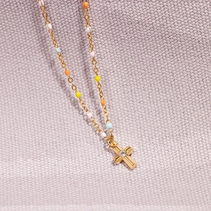 Elegant s925 silver gold-plated cross necklace with colorful enamel beads and crystal