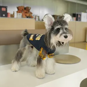 Pet hoodie with navy blue vest and yellow plaid sleeves for small dogs and cats