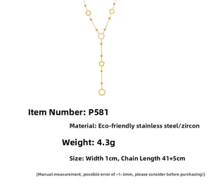 Detail of Y-shaped gold-plated stainless steel flower necklace with zircon inlays