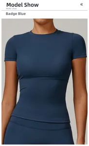Front view of slim fit badge blue yoga t-shirt with professional matte stretch fabric