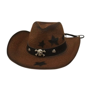 Brown straw western cowboy hat with black star print and skull metallic buckle decoration