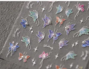 Macro shot of 5D butterfly nail decals with iridescent gradients and pearl accents