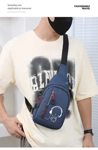 Close-up of luminous cartoon chest bag with headphone port and multiple zip pockets
