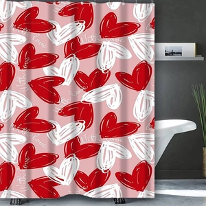 Pink bathroom shower curtain featuring hand-drawn hearts and with love text design