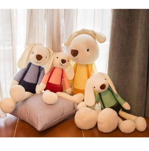 Plush bunny toys in colorful striped overalls shown in various sizes for children