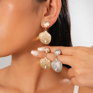 Shell Drop Earrings Alloy Seashell With Imitation Artificial Pearls And Silver Earring Post Beach Holiday Fashion Jewelry For Women
