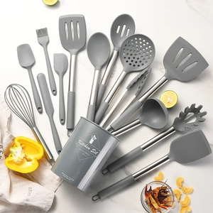 Silicone Kitchen Utensils Stainless Steel Heat Resistant Non-Stick Cooking Baking Tools With Storage Bucket
