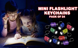 Detailed view of 24-pack colorful mini LED flashlight keychains for children's reading