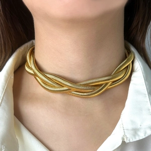 Gold multilayer snake chain choker necklace in retro layered twist design for women