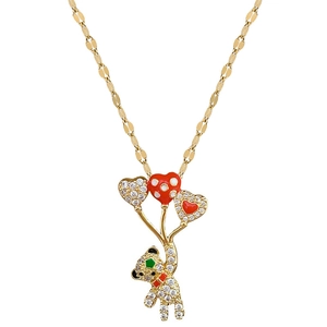 Luxe balloon bear necklace in gold finish with sparkling crystals and red enamel hearts