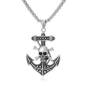 Detailed close-up of a silver pirate anchor pendant with a skull and crossbones design