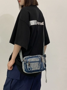 Retro washed denim crossbody bag for men and women with multi-pocket zipper design