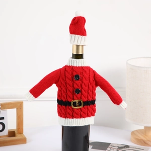 Christmas wine bottle cover set with red knit sweater and mini hat for holiday decor