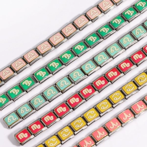 Detailed macro view of colorful enamel zodiac signs on modular stainless steel charms