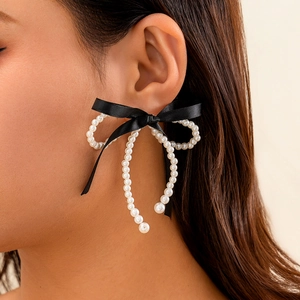 Elegant Bowknot Drop Earrings With Ribbon Imitation Artificial Pearl Crystal For Women Stainless Steel Earring Post