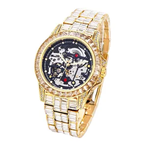 Mens Automatic Mechanical Watch Luxury Iced Out Full Diamond Hollow Skeleton Stainless Steel Gold Plated Hip Hop Fashion