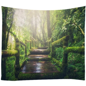 Large forest landscape wall tapestry featuring a sunlit woodland path and wooden bridge