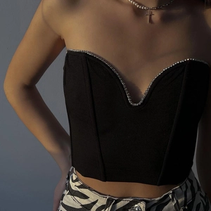 Women's chic black slim-fit tube top featuring sparkling rhinestone trim detailing