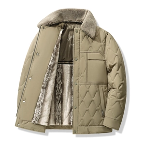 Men Winter Thickened Cotton Jacket With Faux Fur Collar Detachable Hood Geometric Quilted Coat Casual Warm Outwear For Men