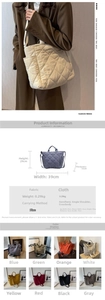Quilted tote bag detail showing size specs 39x29x16cm and eight available colors