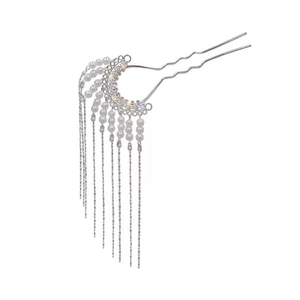 Silver crescent moon hair pin with white pearls and long tassels for elegant hairstyling