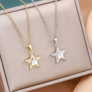 Five-Pointed Star Pendant Necklace Titanium Steel Copper Zircon Sparkling Clavicle Chain Elegant Jewelry For Women