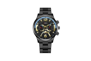 Détail de la montre à quartz pour homme avec bracelet noir et index dorés