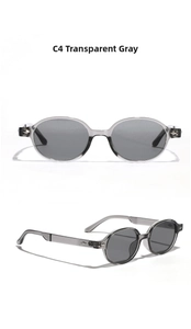 Detail view of oval C4 transparent grey sunglasses with dark grey lenses in modern style