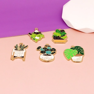 Enamel potted plant pendants with golden edges for DIY jewelry making and necklaces